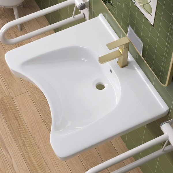 25.38 in. W x 21.63 D Wall Mounted Rectangular Bathroom Sink Disability-friendly Ceramic Basin with Single Hole in White