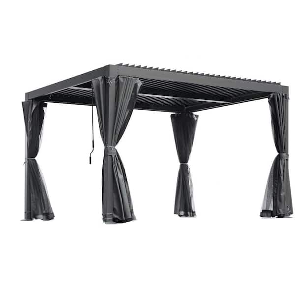 10 ft. x 12 ft. Outdoor Louvered Pergola with Adjustable Aluminum Rainproof Roof with Curtains and Netting, Black