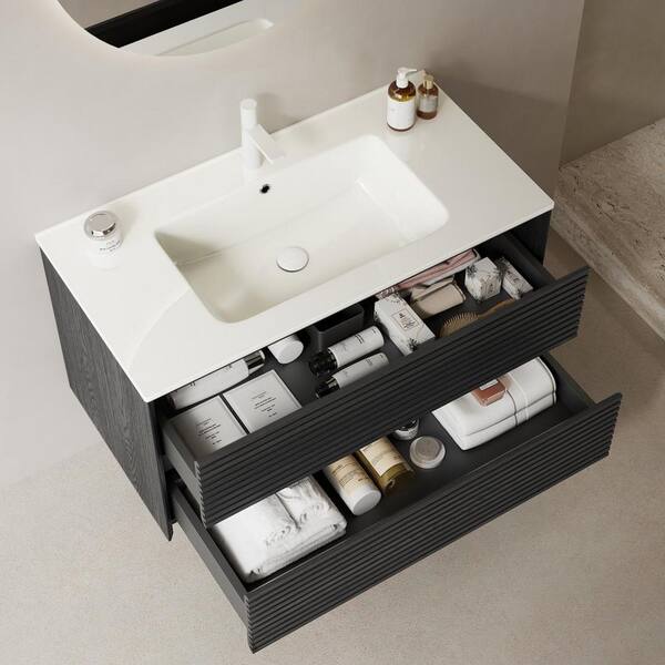 Liory 24.02 in. Single Sink Floating Dark Oak Bath Vanity with White Ceramic Top Pre-assembled