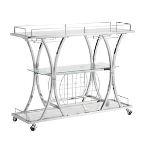 Chrome Bar Cart with Wine Rack Silver Modern Glass Metal Frame Wine Storage
