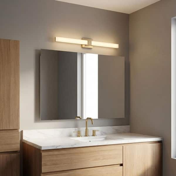 Fentress 36 in. W x 4.5 in. H Satin Brass Modern Dimmable LED Bathroom Vanity Light with White Acrylic Shade