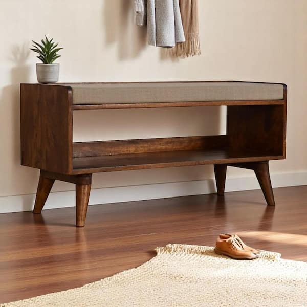 Driscoll 35.4 in. Chestnut Solid Wood Mud Linen Nordic Storage Bench