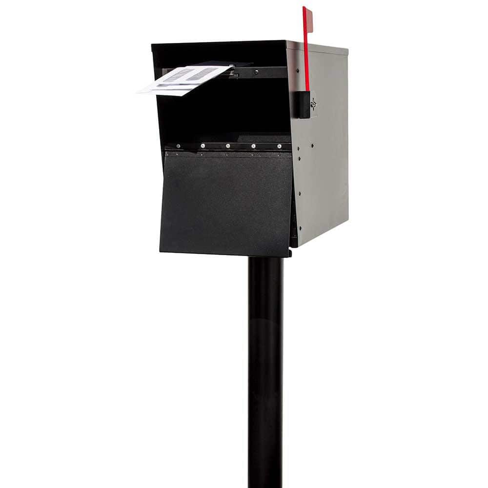 Black Steel Locking Post Mounted Mailbox with Red Flag