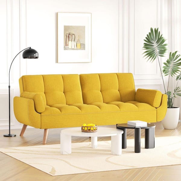 Chic 75 in. Yellow Linen Futon Sleeper Bed Convertible Loveseat Sofa with Split Backrest and Pillows