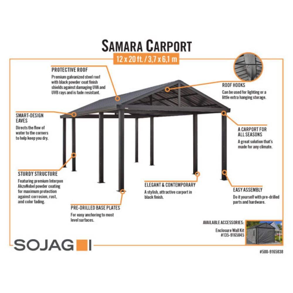 Samara 12' x 20' Dark Gray Aluminum and Steel Carport Kit