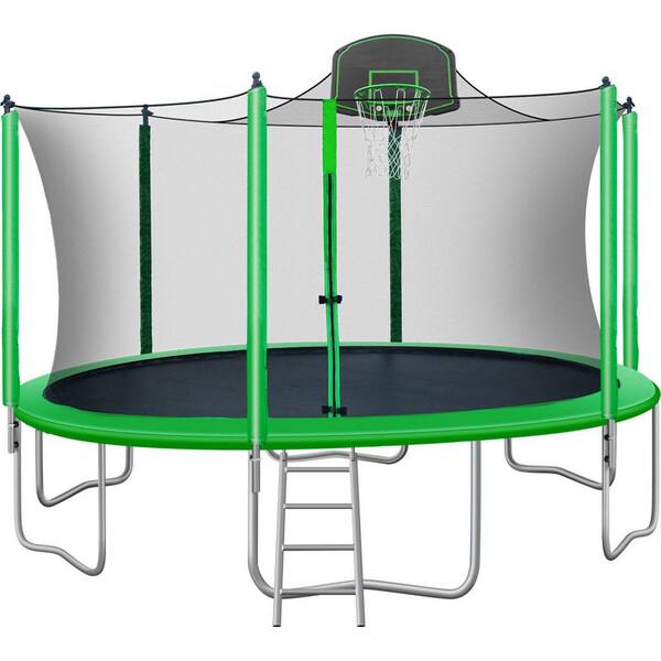 maocao hoom 14 ft. Green Backyard Trampoline with Safety Enclosure, Basketball Hoop and Ladder