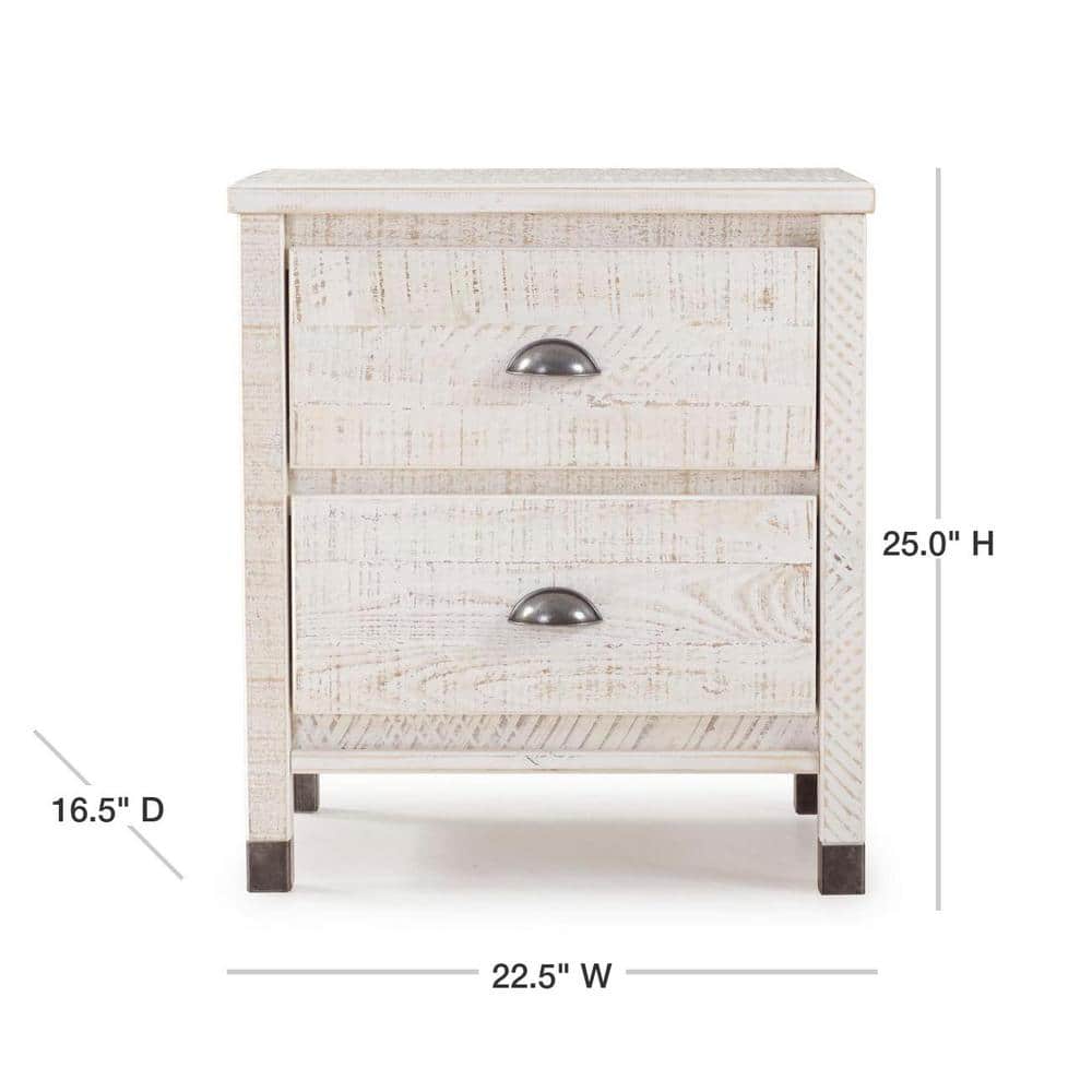 Baja Rustic Shabby White Solid Wood 2-Drawer Nightstand