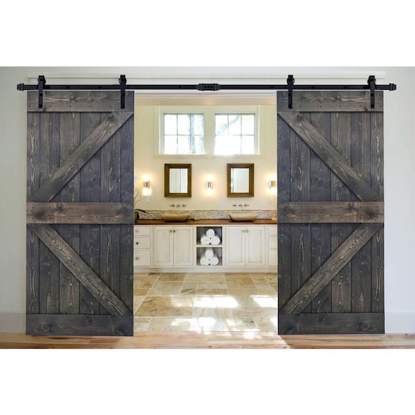 Wellhome K Series 72 In X 84 In Carbon Gray Diy Finished Knotty Pine Wood Double Sliding Barn Door With Hardware Kit 72 Wb72 F The Home Depot