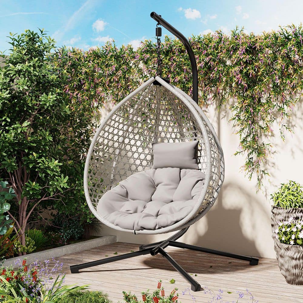 Gray Wicker Iron Base Patio Swing Egg Chair with Gray Cushions for Indoor and Outdoor Use price history on PriceWatchPro