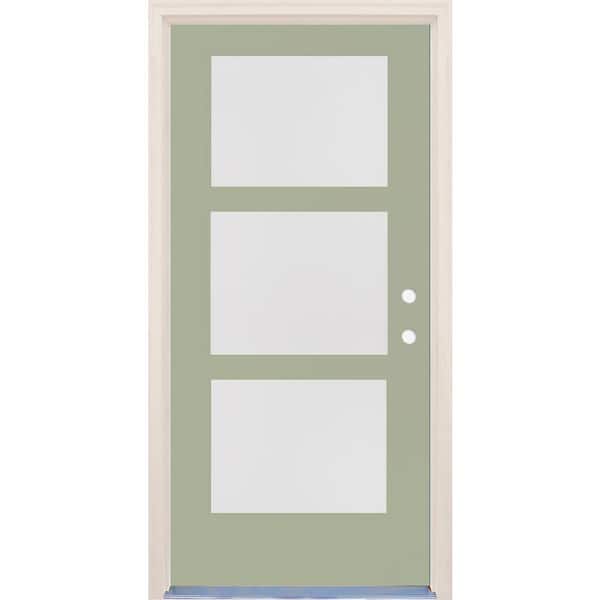 Builders Choice 36 in. x 80 in. Left-Hand/Inswing 3 Lite Satin Etch Glass Cypress Painted Fiberglass Prehung Front Door w/6-9/16" Frame