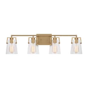 Crofton 33.375 in. W x 9 in. H 4-Light Satin Brass Bathroom Vanity Light with Clear Glass Shades