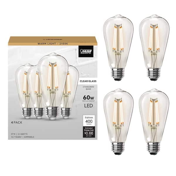 60-Watt Equivalent ST19 Dimmable Straight Filament Clear Glass E26 Vintage Edison LED Light Bulb, Warm White (4-Pack)