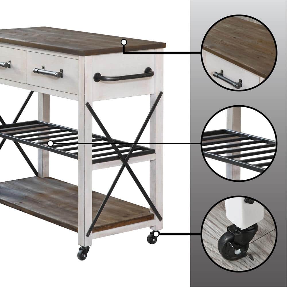 Off-White and Brown Wood Kitchen Cart with Wine Rack