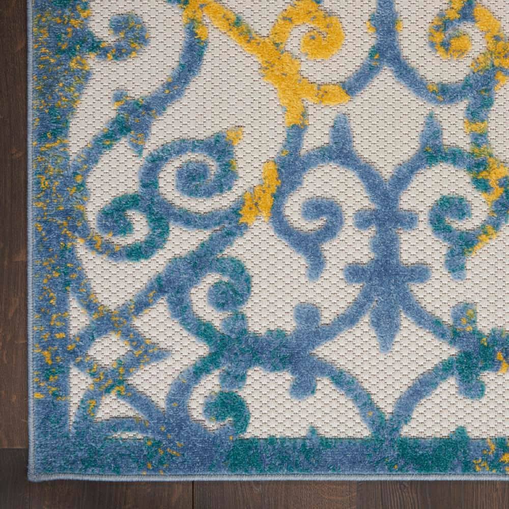 Ivory Blue Floral Synthetic Runner Rug 2'3" x 10'