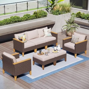 Brown Wicker Rattan 7 Seat 7-Piece Steel Outdoor Patio Conversation Set with Beige Cushions and 2 Ottomans