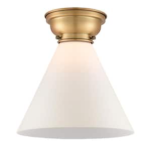 Aditi Cone 12 in. 1-Light Brushed Brass Flush Mount with Matte White Glass Shade