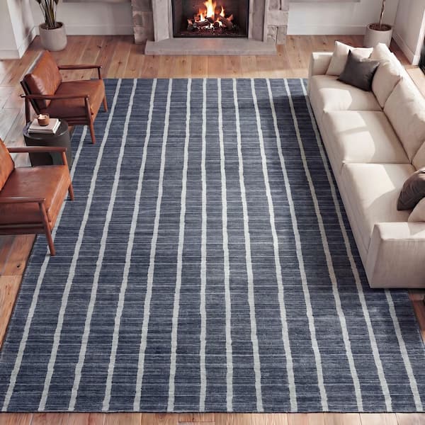 Orton Distressed Ticking Stripe Non-Slip Machine-Washable Navy/Cream 8 ft. x 10 ft. Area Rug