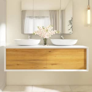 55 in. W x 21.7 in. W x 15.8 in. H Double Sink Wall-Mounted Bath Vanity in White Brown with White Solid Surface Top