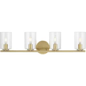 Champlain 31.5 in. 4-Light Satin Brass Modern Bathroom Vanity Light with Clear Glass Shades