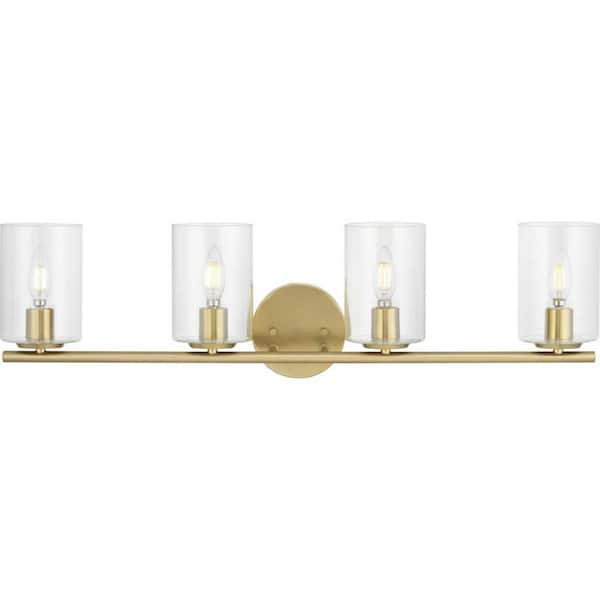 Hampton Bay Champlain 31-1/2 in. 4-Light Satin Brass Modern Bathroom Vanity Light with Clear Glass Shades