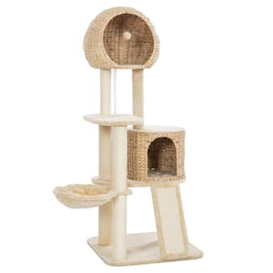 1-Piece Bath Accessory Set Freestanding Cat Climber Set 2-Perches, 2-Caves, Cozy Basket and Scratching Board in Beige