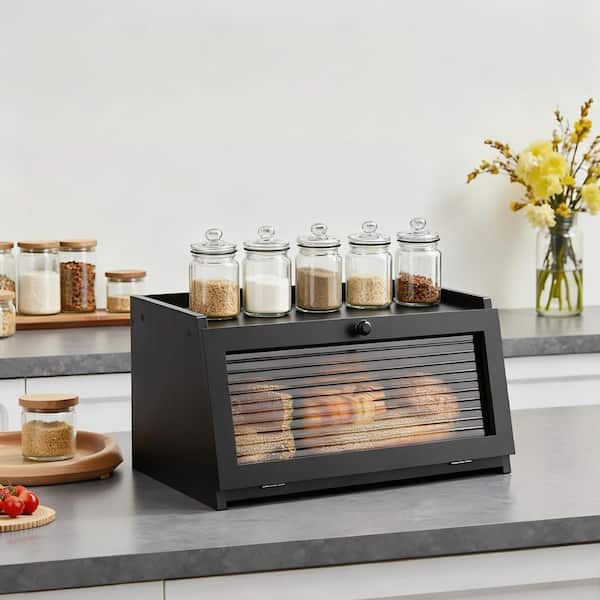Large Bread Box for Kitchen Countertop, Farmhouse Bread Container, Bread Storage with Window, Bread Holder, Black
