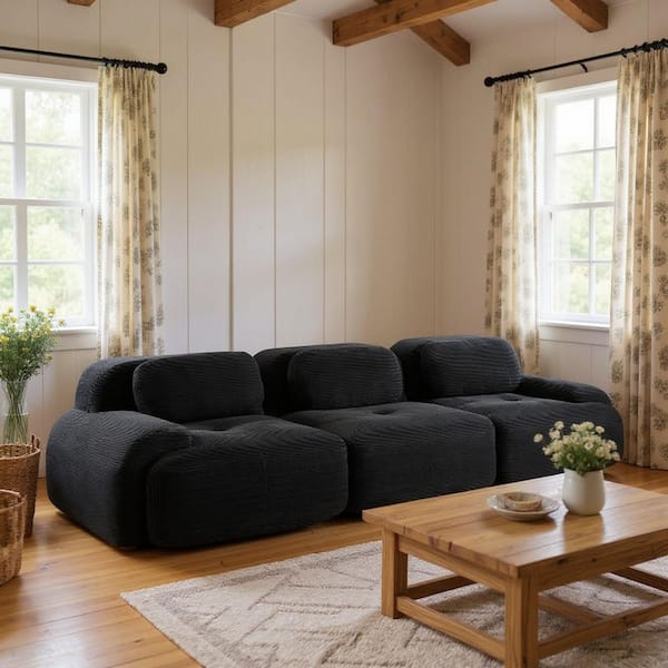 SMZO 117.3 in. Rolled Arm 2-Piece Corduroy Modular Sectional Sofa in. Ebony Black with Ergonomic, High-Density Cushions