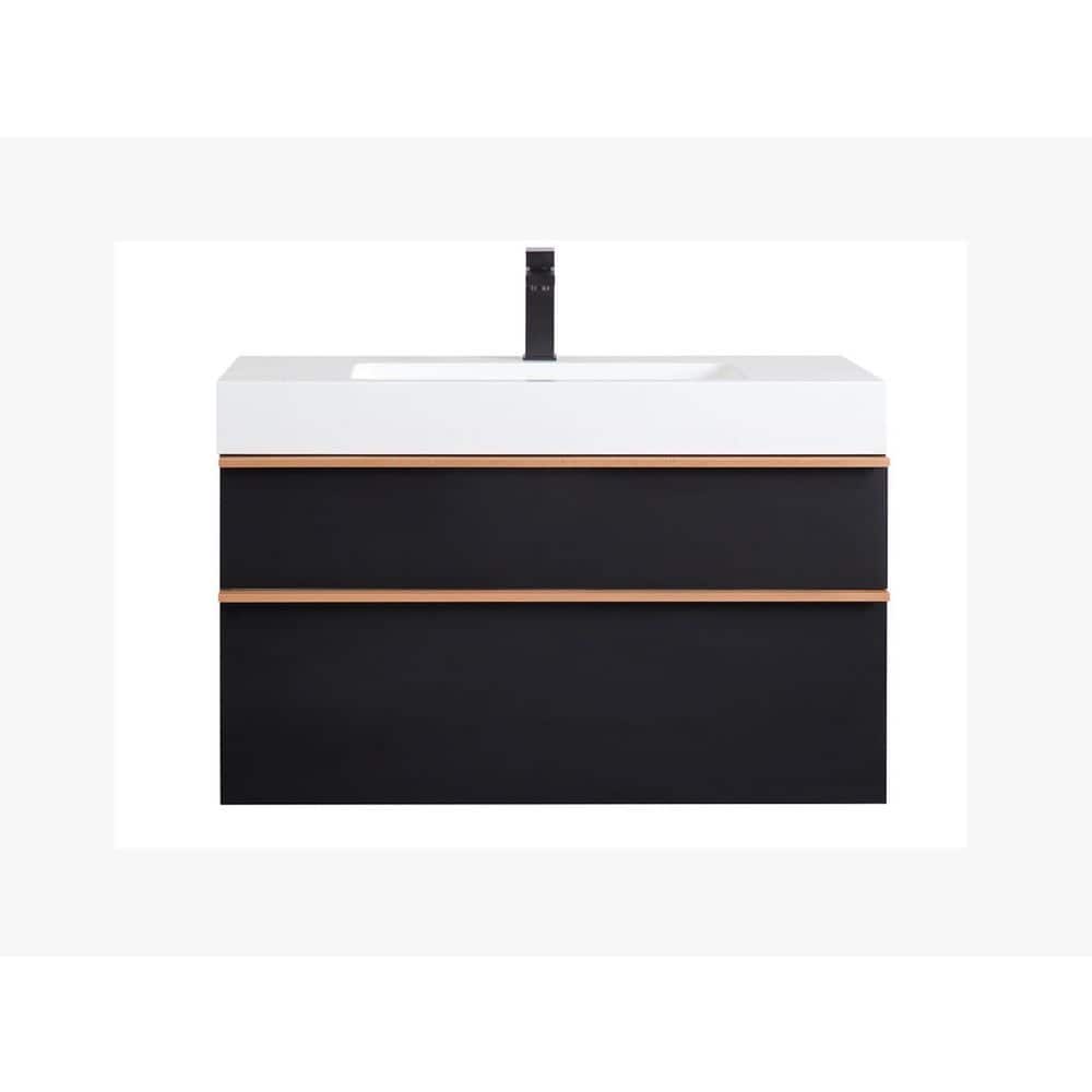 Afhocomp 36 in. Single Sink Floating Black Bath Vanity with White ...