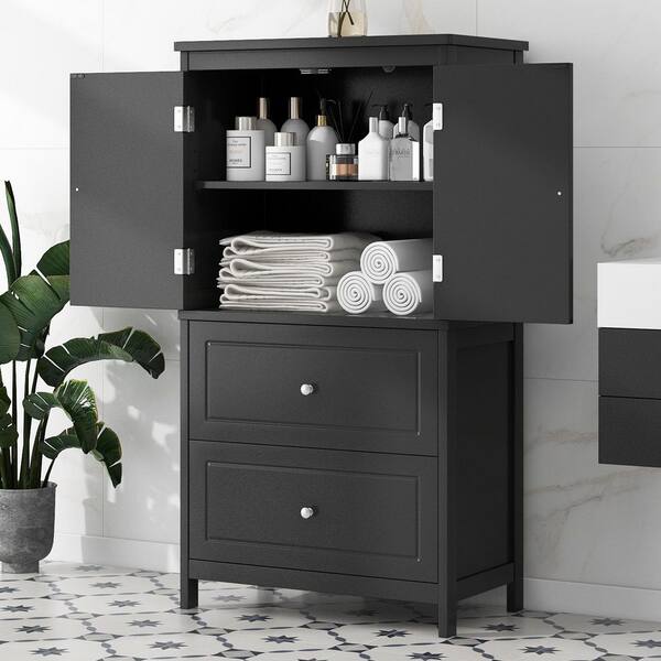 23.6 in. W x 11.8 in. D x 43.3 in. H Black MDF Freestanding Linen Cabinet with Adjustable Shelf