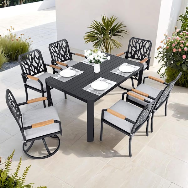 7-Piece Aluminum Modern Outdoor Dining Set, 2 Swivel Rockers, Nature-Inspired Branch-Like Backrest with Silver Cushions