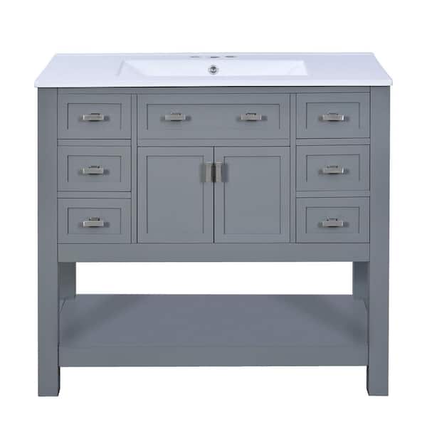 36 in. W Freestanding Bath Vanity in Gray with White Ceramic Top, 6-Drawers and Open Shelf