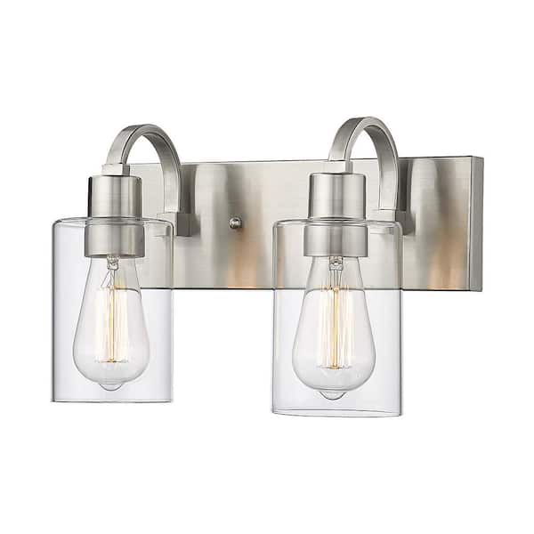 JAZAVA 13.6 in. 2 Light Brushed Nickel Vanity Light with Clear Glass Shade Bathroom Light Fixture