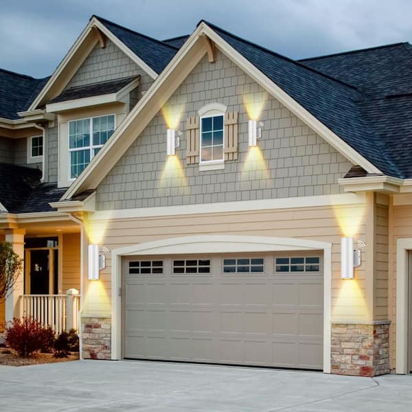 11.5 in. White Aluminum Modern Dusk to Dawn Outdoor Cylinder LED Wall Lantern Scone (Set of 4)