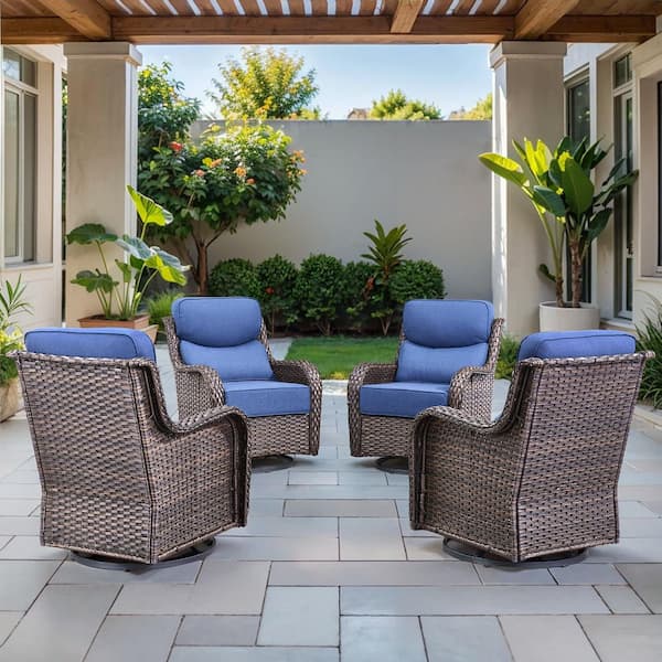 Arcadia Brown Wicker Outdoor Rocking Chair Patio Swivel Glider with 6 in. Thick Navy Blue Box-Edge Cushions (4-Pack)