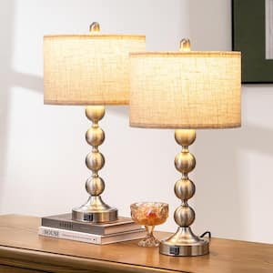 23.4 in. Silver Base Metal Dimmable and Touch Control Table Lamp with Fabric Beige Shade and USB Ports