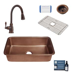Orwell All-In-One Undermount Copper 30 in. Single Bowl Copper Kitchen Sink with Pfister Bronze Faucet and Strainer