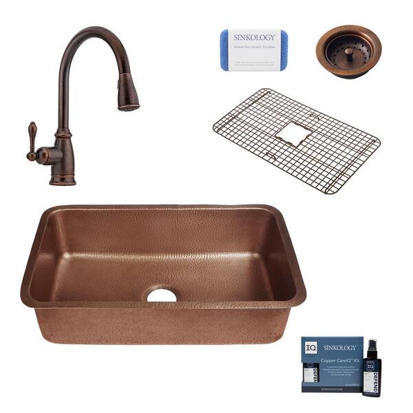 SINKOLOGY Orwell All-In-One Undermount Copper 30 in. Single Bowl Copper Kitchen Sink with Pfister Bronze Faucet and Strainer