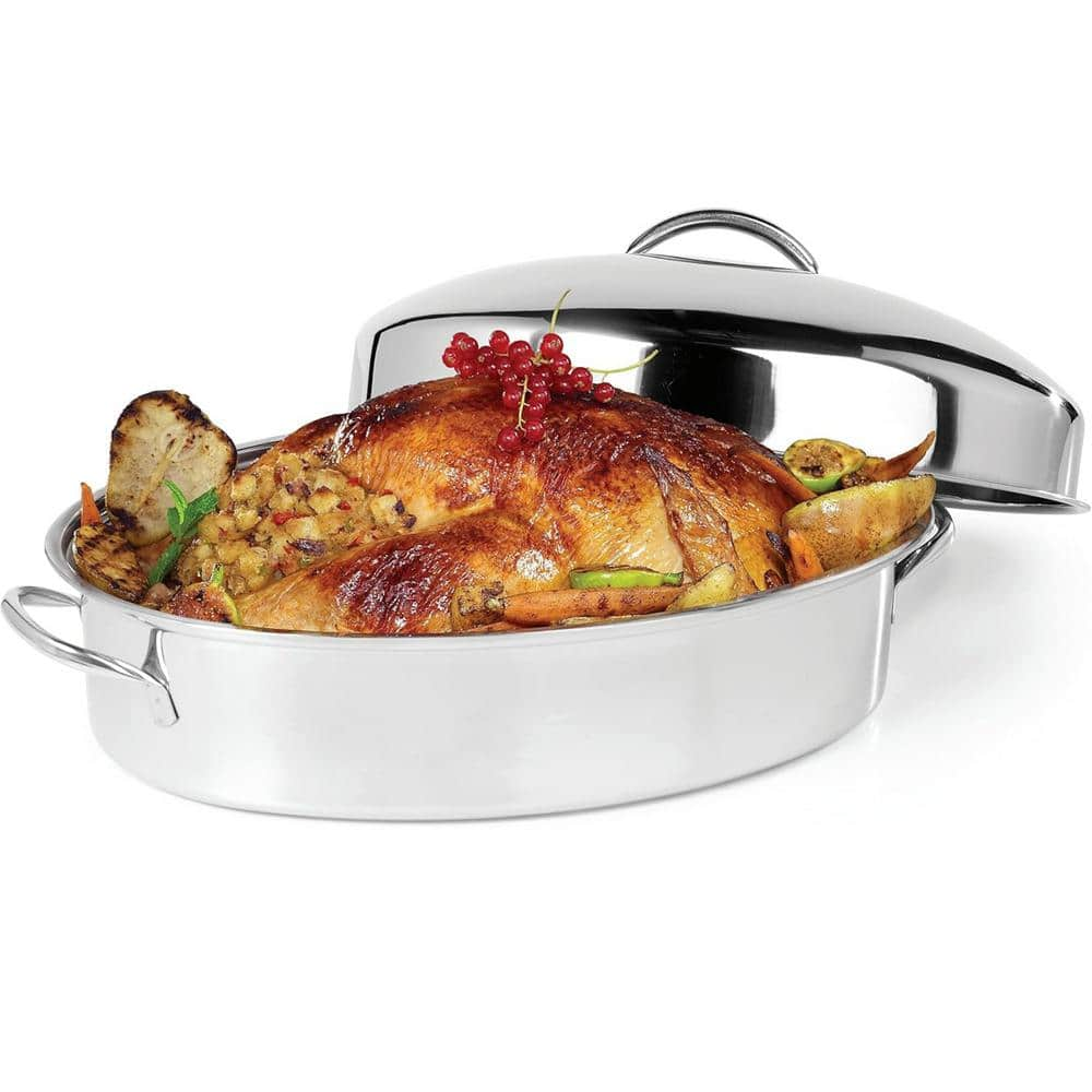 OVENTE 3-Piece 16 in. Silver Stainless Steel Oval Roasting Pan/Baking Tray with Lid and Rack