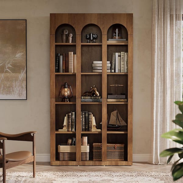 Eula 71 in. Tall Brown Wood 5-Shelf Etagere Standard Farmhouse Corner Bookcase Home Office Display Organizer