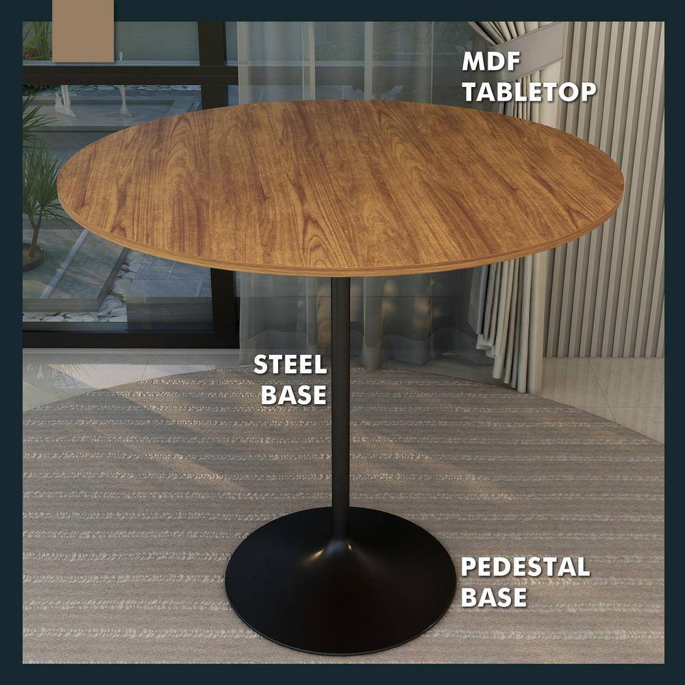Cognac Brown Round MDF Bar Height Dining Table with Black Pedestal Base