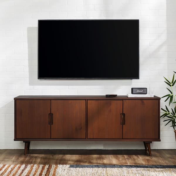 Walker Edison Furniture Company 60 in. Walnut Solid Wood Mid-Century Modern TV Stand with 4-Doors Fits TVs up to 65 in.
