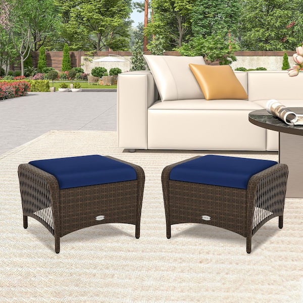 Brown Wicker Outdoor Ottoman with Navy Cushion