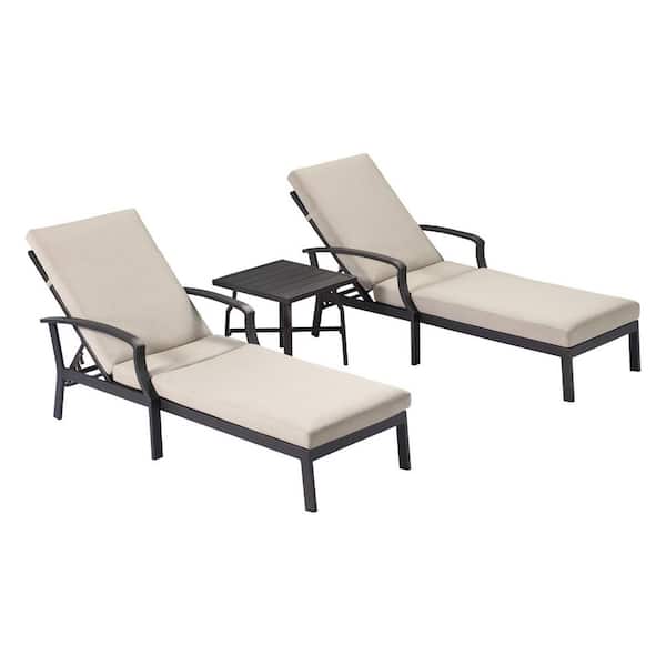 Black Aluminum 3-Piece Outdoor Patio Chaise Lounge Chair with Side Table and Cream Cushions