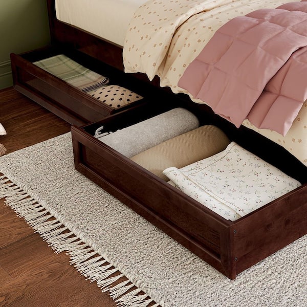 AFI Walnut Brown Mid-Century Modern Solid Wood Twin-Full Under Bed Storage Drawers