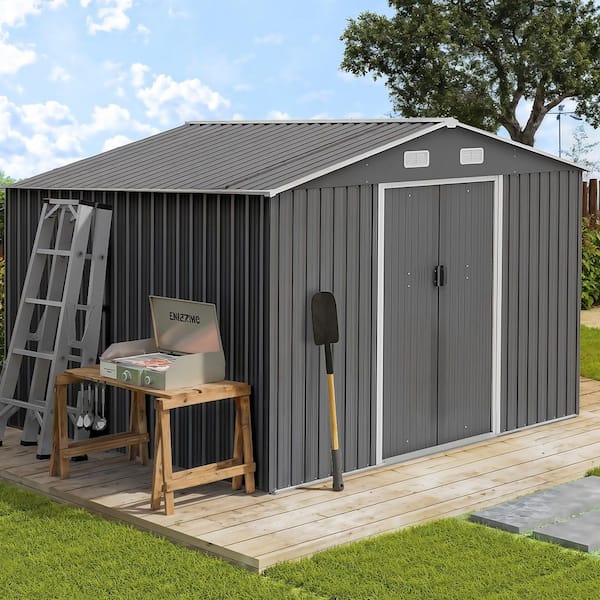 10 ft. x 8 ft. Outdoor Metal Storage Shed Tool House with Foundation and Lockable Doors for Garden, Gray (75 sq. ft.)