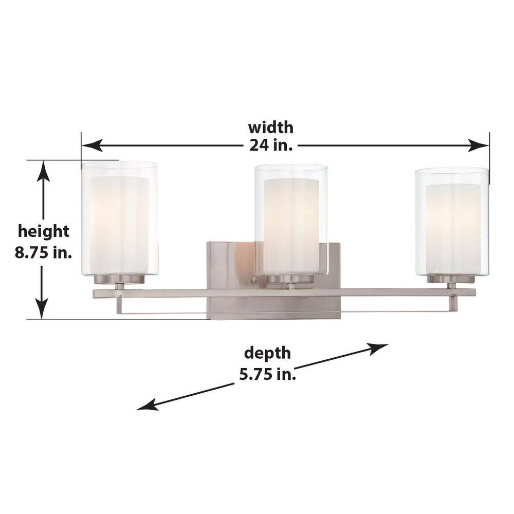 Transitional Etched White Glass & Brushed Nickel 3-Light Bath Bar