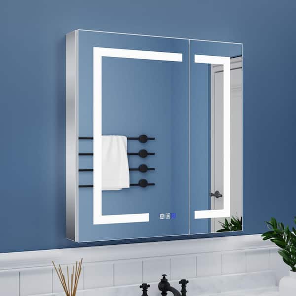 ExBrite 28 in. W x 30 in. H Rectangular Sliver Aluminum Recessed/Surface Mount Left Medicine Cabinet with Mirror LED