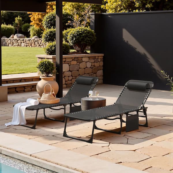 Black 2-Pieces Metal Folding Outdoor Chaise Lounge, 5-Position Reclining Portable Patio Chair, Gray