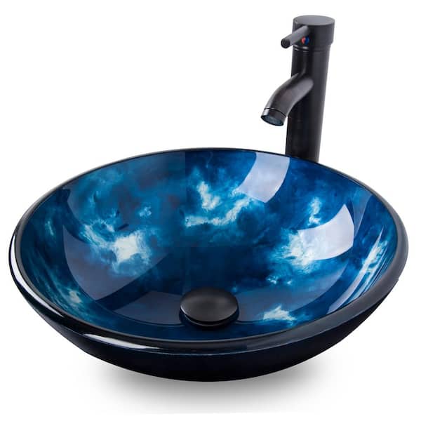 Puluomis 16.5 in . Vessel Bathroom Sink in Ocean Blue Glass Round with Faucet Pop Up Drain Set
