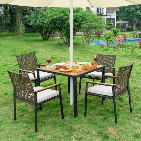 Unbranded 5-Piece Wicker all-weather Outdoor Dining Set, acacia tabletop with umbrella hole, beige Cushions